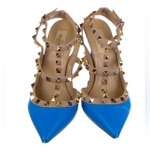 VALENTINO Rockstud Accents Leather Gold Stud T-strap Bright Blue Pump Heel 37
